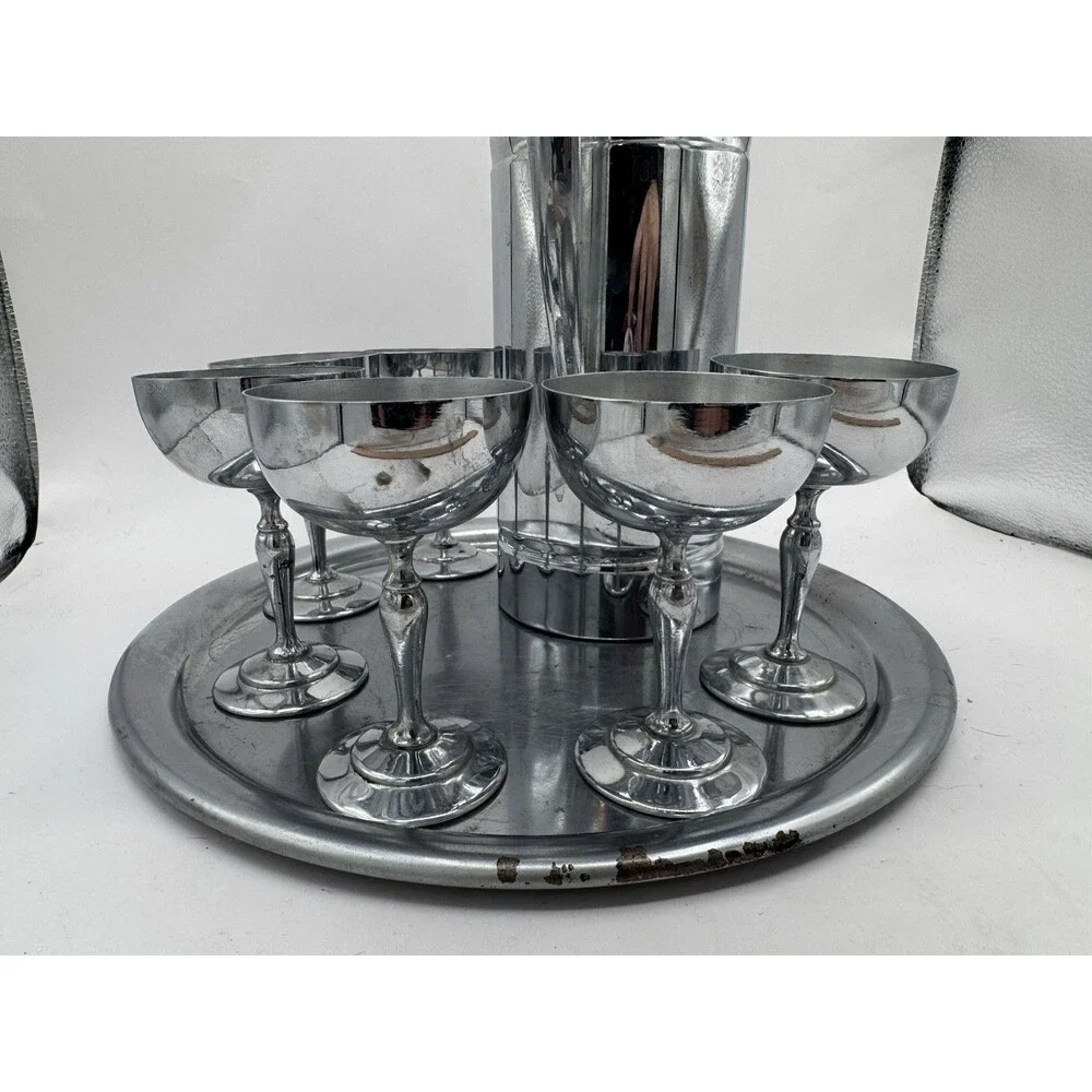 Art Deco Chrome Silver Cocktail Set With 6 Cups And Tray Ice Hot Carafe